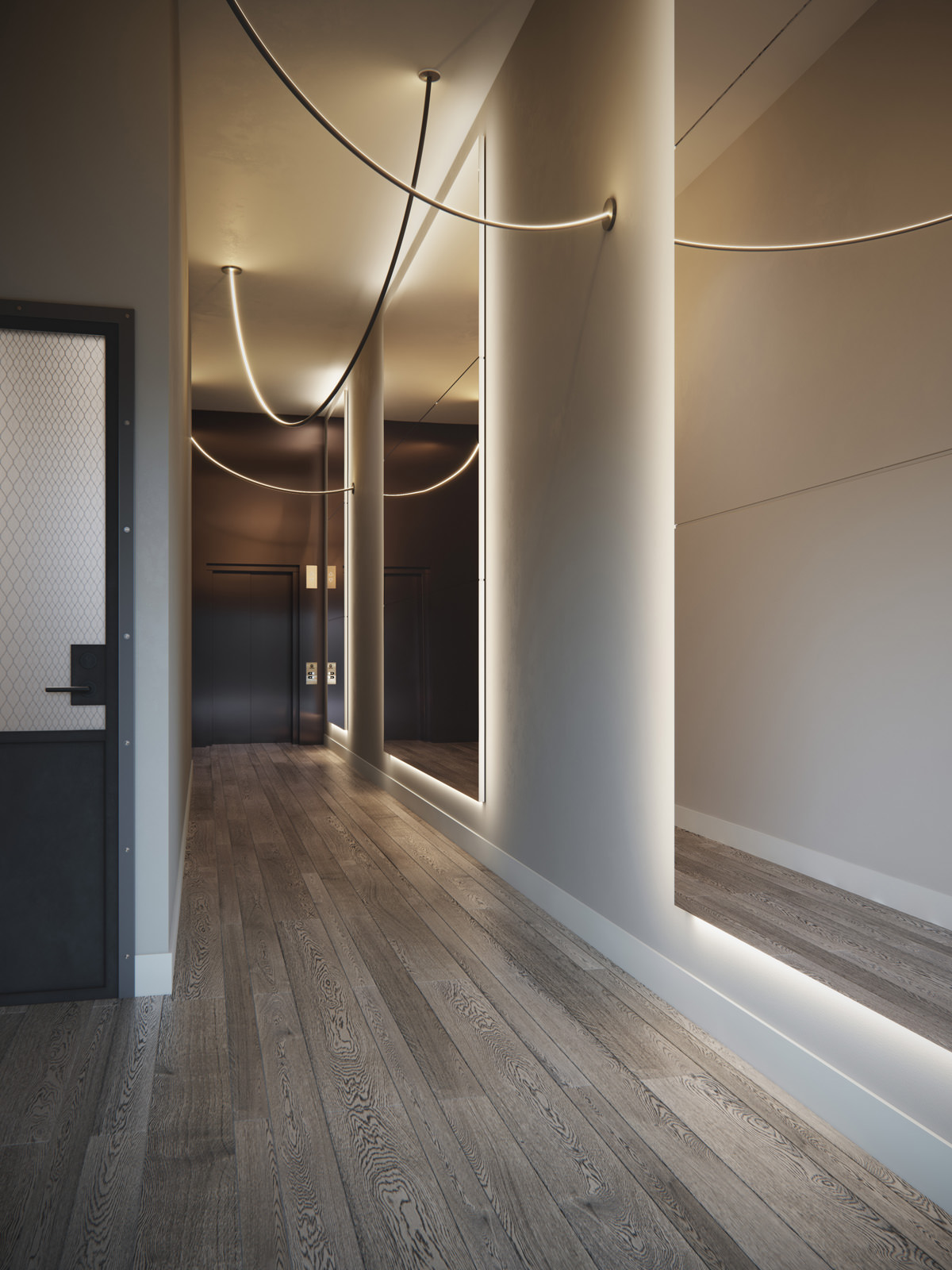 3D rendering of a corridor of boutique office with the main focus on multiple string lights fixed on the white ceiling and walls with several backlit floor-to-ceiling mirrors, SoHo, New York City, USA