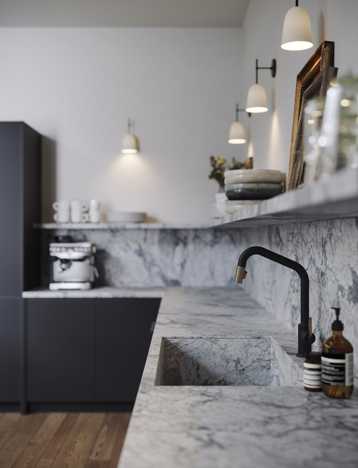 Detailed 3D rendered close-up of cooking space clad in off-white stone with blackish veins with the main focus on a sink with a black faucet