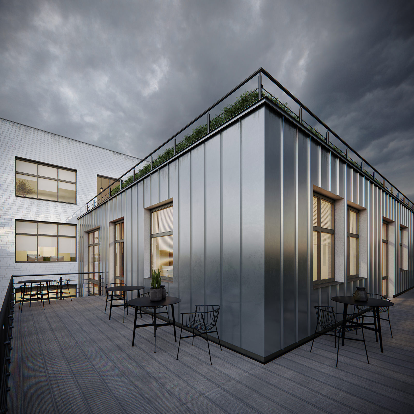 Terrace on a rooftop rendered in metallic grey color with several black steel seating areas