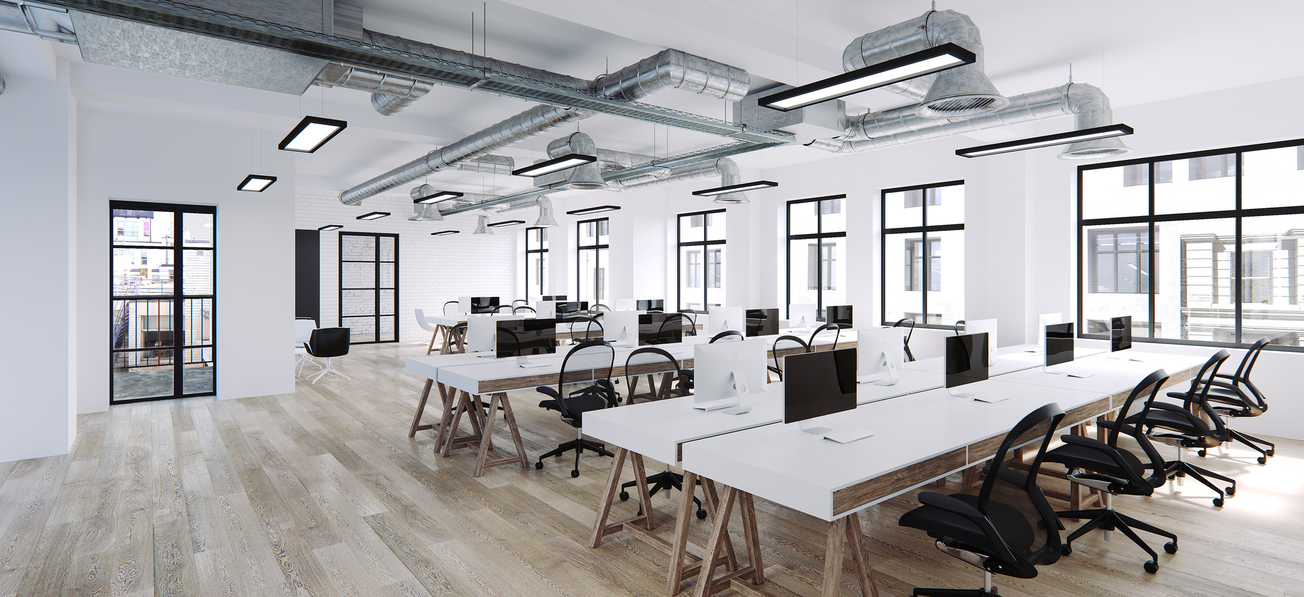 3D rendering of a spacious office rendered in a light austere interior with a silver vent system installed on a ceiling