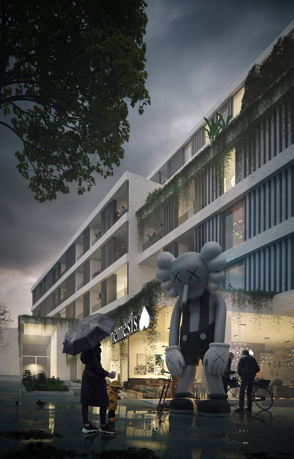 3D exterior rendering of a luxurious residential building tower in Vancouver, visualized from human-level during rainy weather, the frontal shot features a woman with a child in a rain poncho, a cafe, and a KAWS sculpture