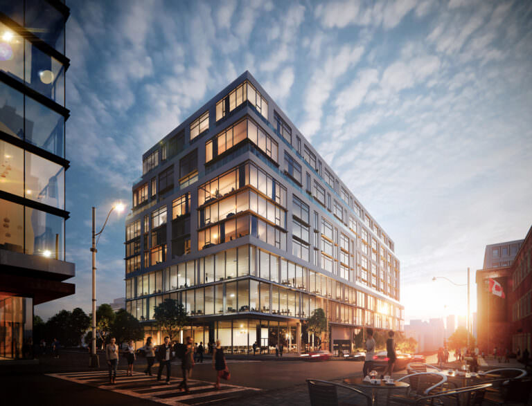 3D architectural visualization portfolio image of an office building in Toronto in the light of the setting sun with people and cars bustling around and an activated retail space on the first floor