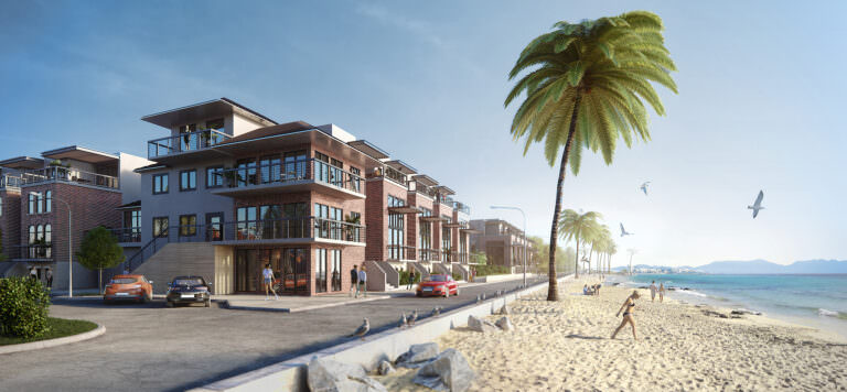 3D rendered multi-family residence with a sandy beach with palms and the ocean across the street
