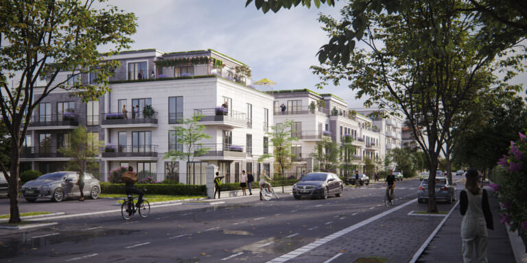 A 3D rendered residential district consisting of multiple four-story dwellings with balconies and terraces on the green roofs shown in the context of a busy street