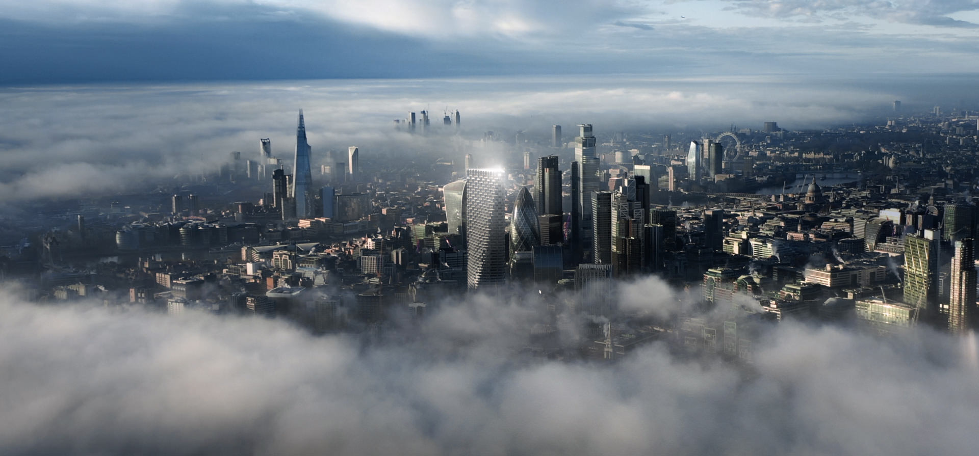 3D bird's-eye view of the urban landscape of London rendered among thick clouds to highlight skyscrapers