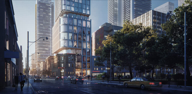 3D visualization of a skyscraper building in the heart of Toronto with closeup on the activated ground retail level