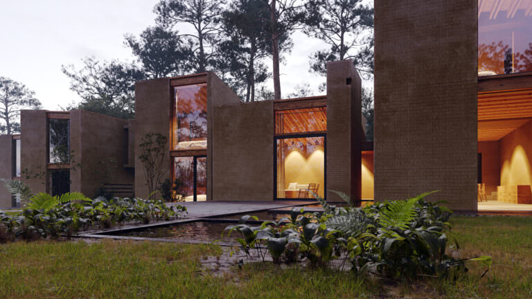 3D visualization of a two-story residential block in the forrest with floor-to-ceiling windows and warm light glowing inside