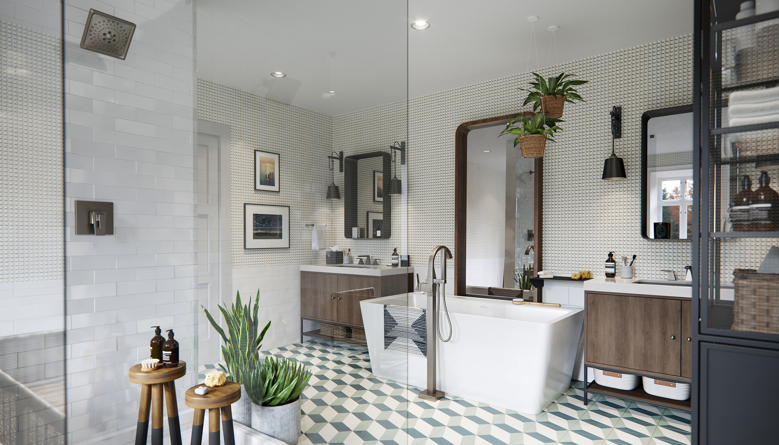 Interior visualization of a modern family-oriented bathroom with geometric patterns on walls and floor