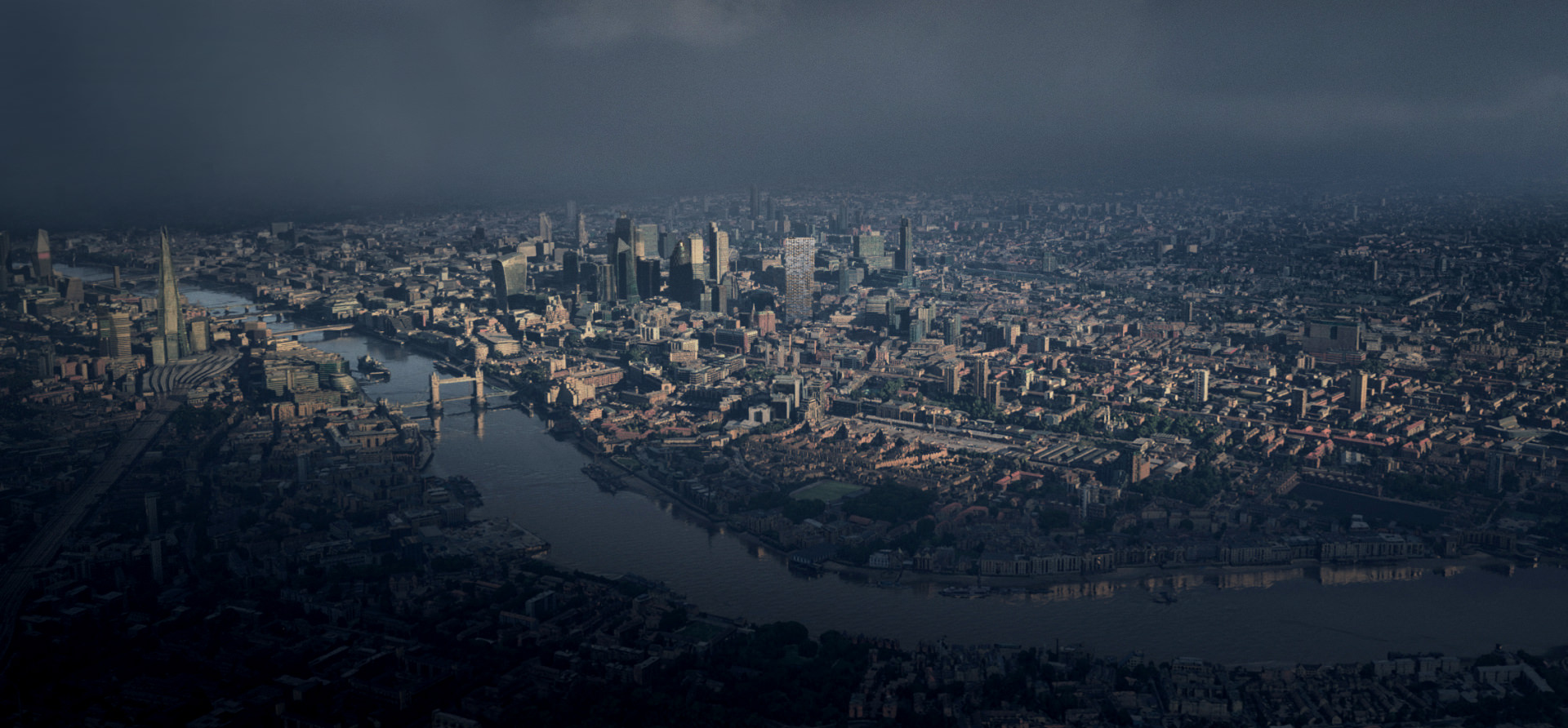 Aerial 3D visualization of London cityscape showing both banks of the Thames with the main focus on high-rise buildings rendered in gloomy weather