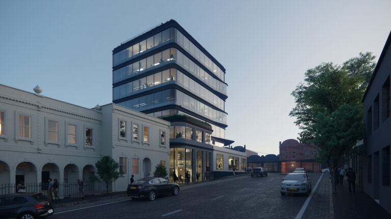 Architectural visualization of a low-rise business center with ground floor retail and cafeteria alongside historic buildings in Victoria, Australia