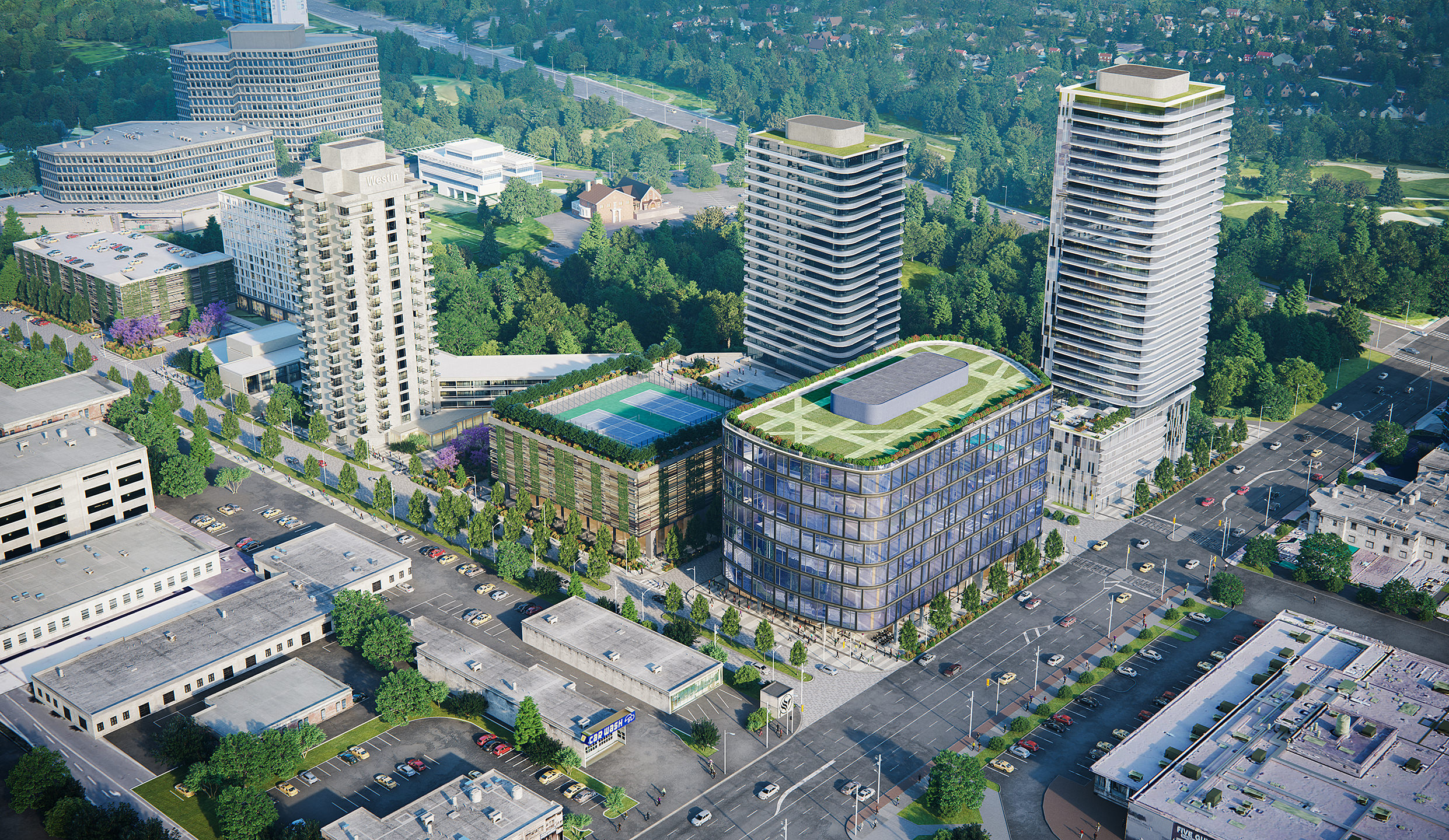 Architectural 3D visualization of West Prince hospitality complex in Toronto, Canada pictured from a bird’s eye view and consisting of three residential high-rise towers and two amenities buildings with tennis courts and green terraces on the roof