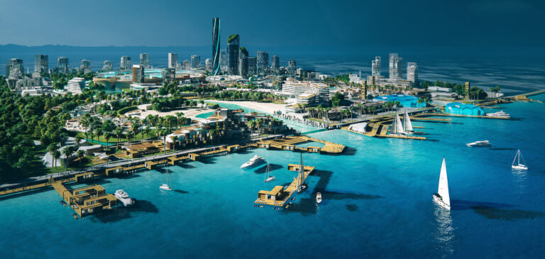 A bird’s eye view of a high-end residential district with numerous futuristic skyscrapers rendered at the waterfront in United Arabian Emirates