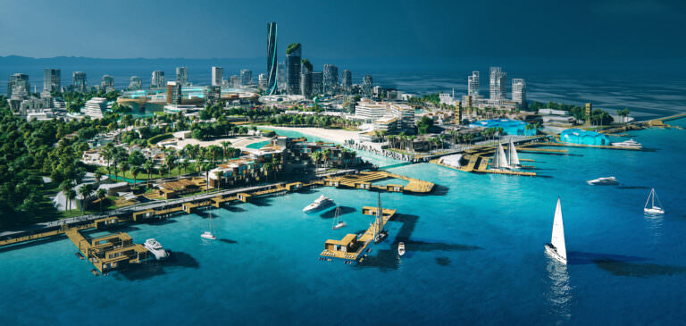 A bird’s eye view of a high-end residential district with numerous futuristic skyscrapers rendered at the waterfront in United Arabian Emirates