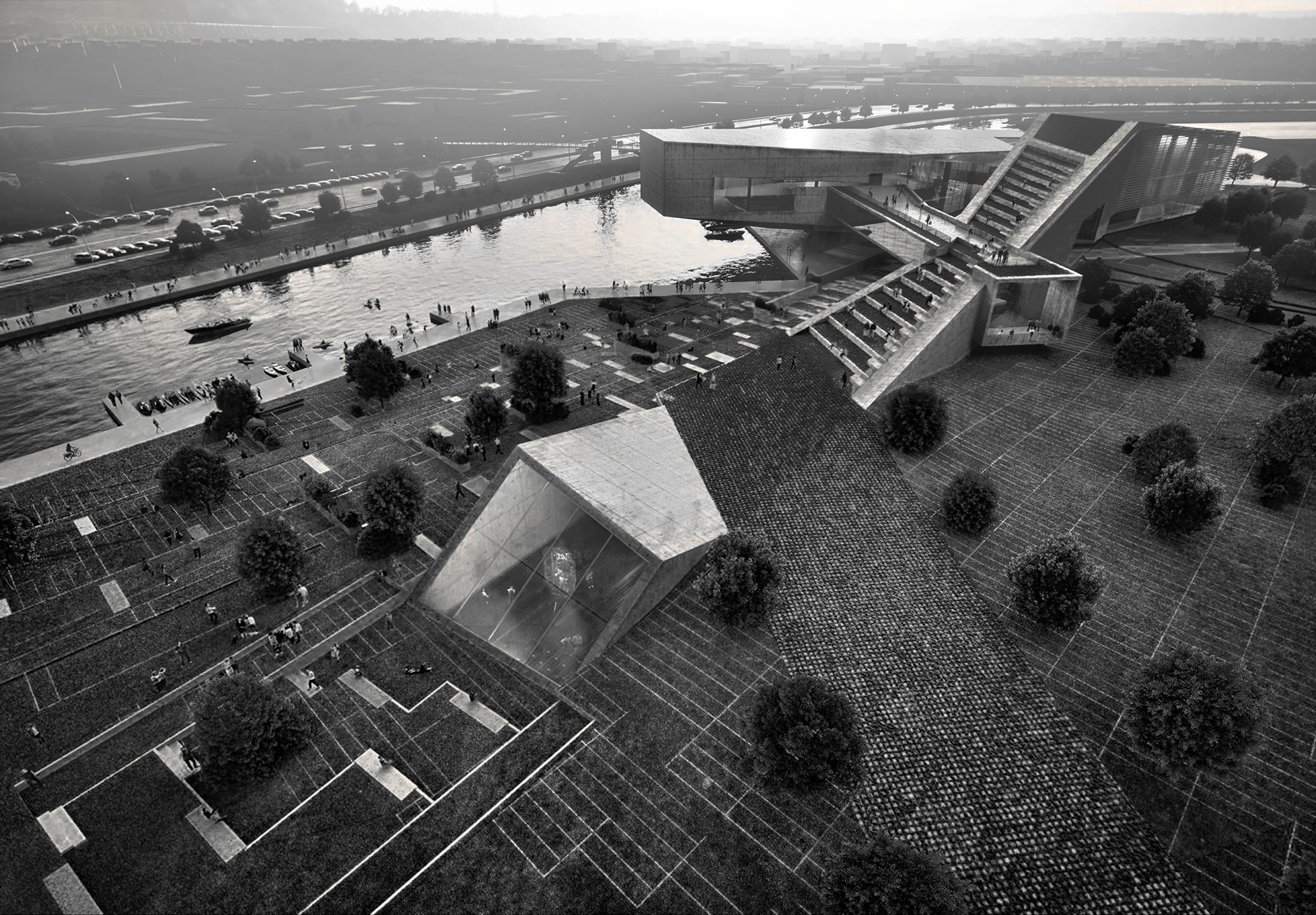 Black and white aerial 3D visualization of a unique-shaped museum in Peru near the river