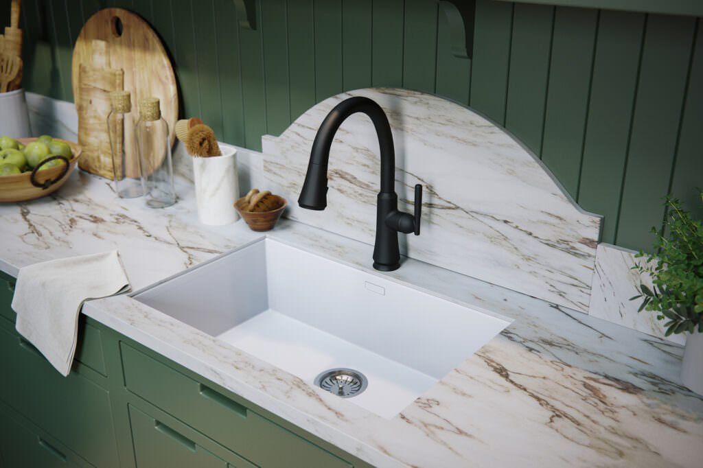 Close-up visualization of a black matte Delta Coranto kitchen faucet on top of a marble sink with a white towel and wooden accessories around
