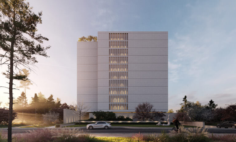 3D concept rendering of a multi-storey urban building made of two contrasting uplit volumes with a green roof and landscaping in the foreground