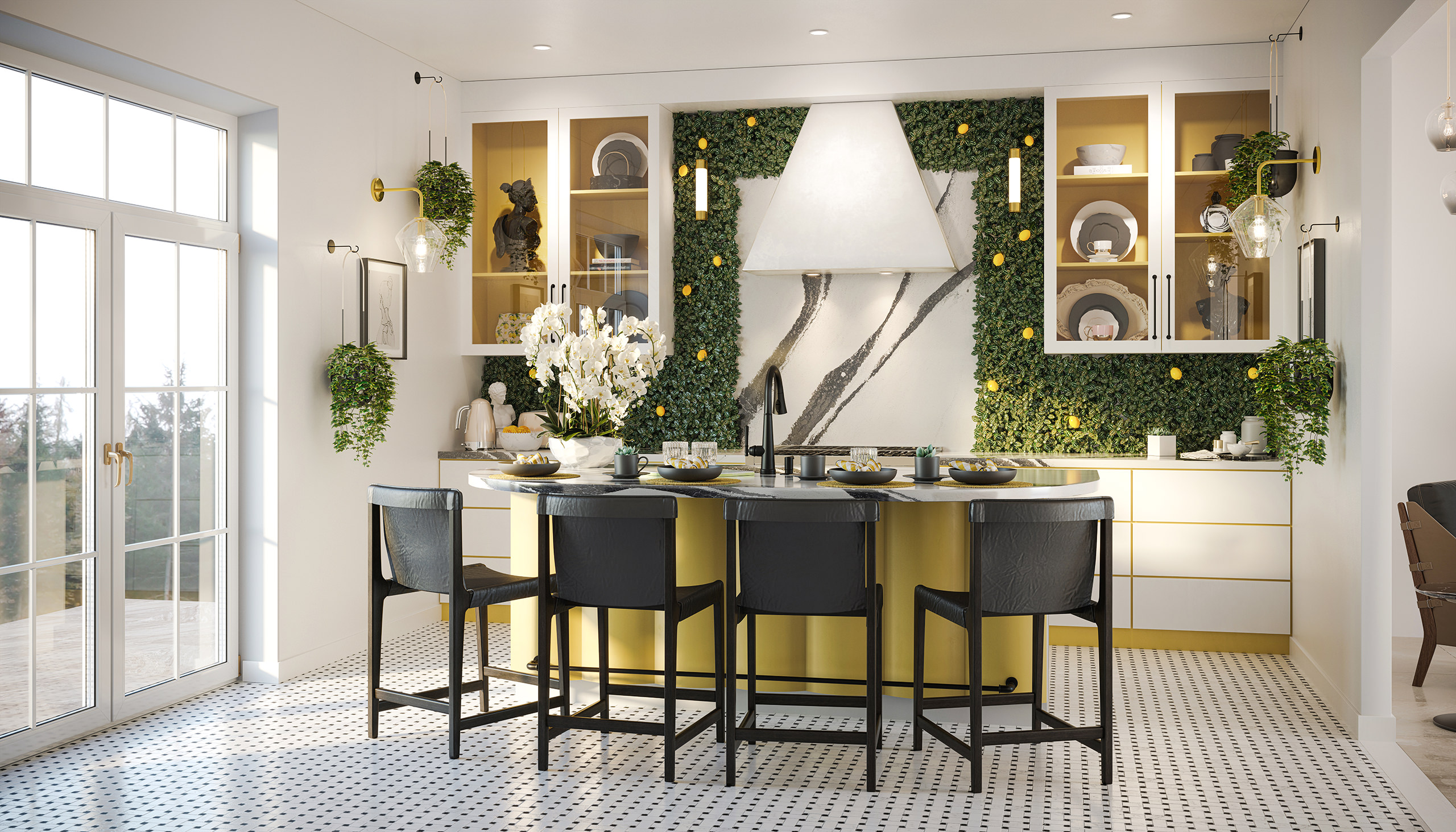 General 3D view of an eclectic kitchen with a dining island featuring Delta Emmeline faucets