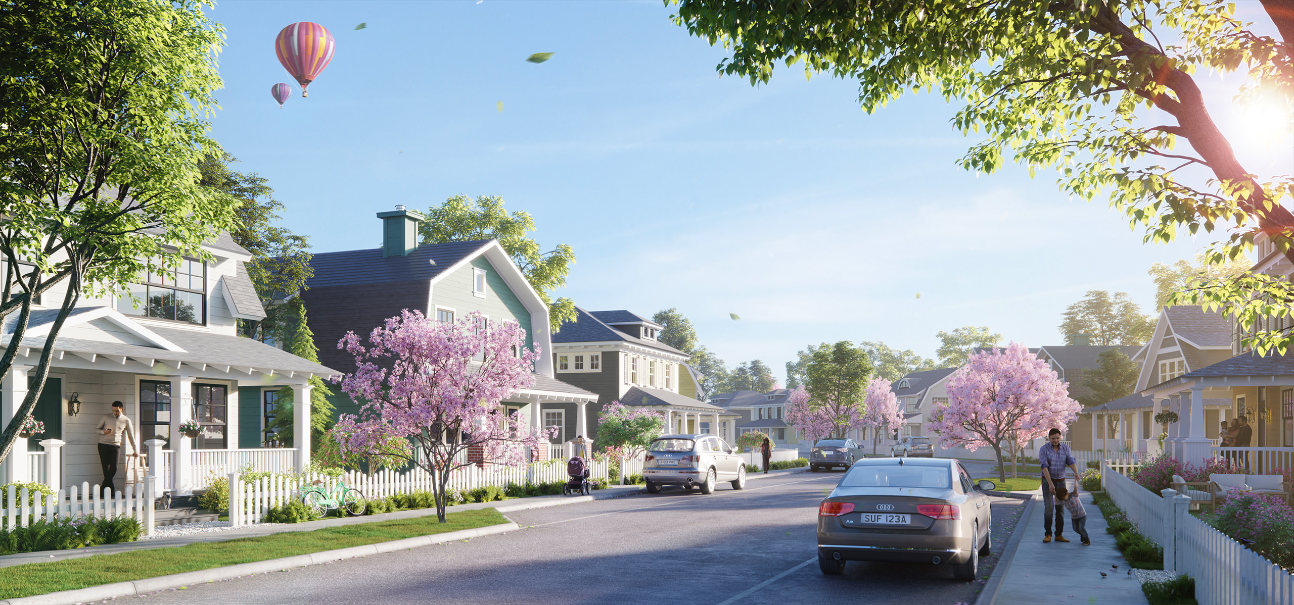 Exterior 3D rendering of a family-oriented neighborhood in Chelsea, Canada visualized from a human eye perspective showing rows of cottages along the driveway with blossoming trees