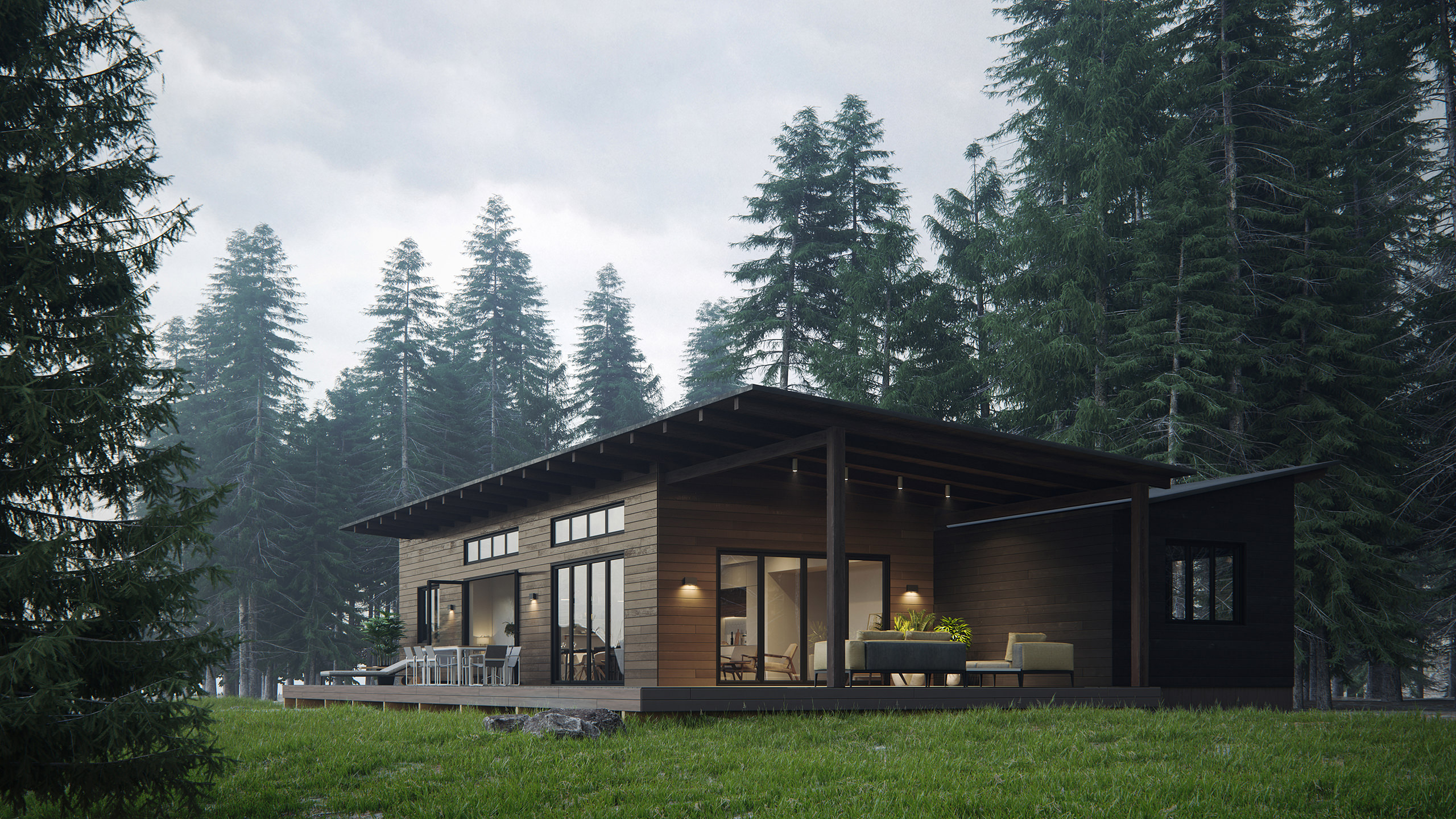 Architectural 3D rendering of a single floor country house with a furnished terrace located in the misty spruce forest