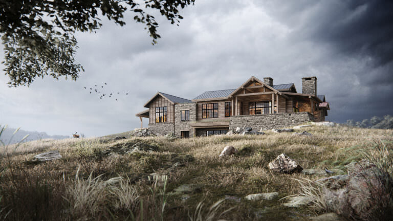 Eterior 3D visualization of a stone-cladded ranch with warmly lit interiors standing in a hilly prairie of Eastern Wyoming, USA surrounded by darkening clouds