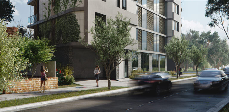 An eye-level 3D rendered view of a residential unit with greenery on the west facade and a busy street in front of it