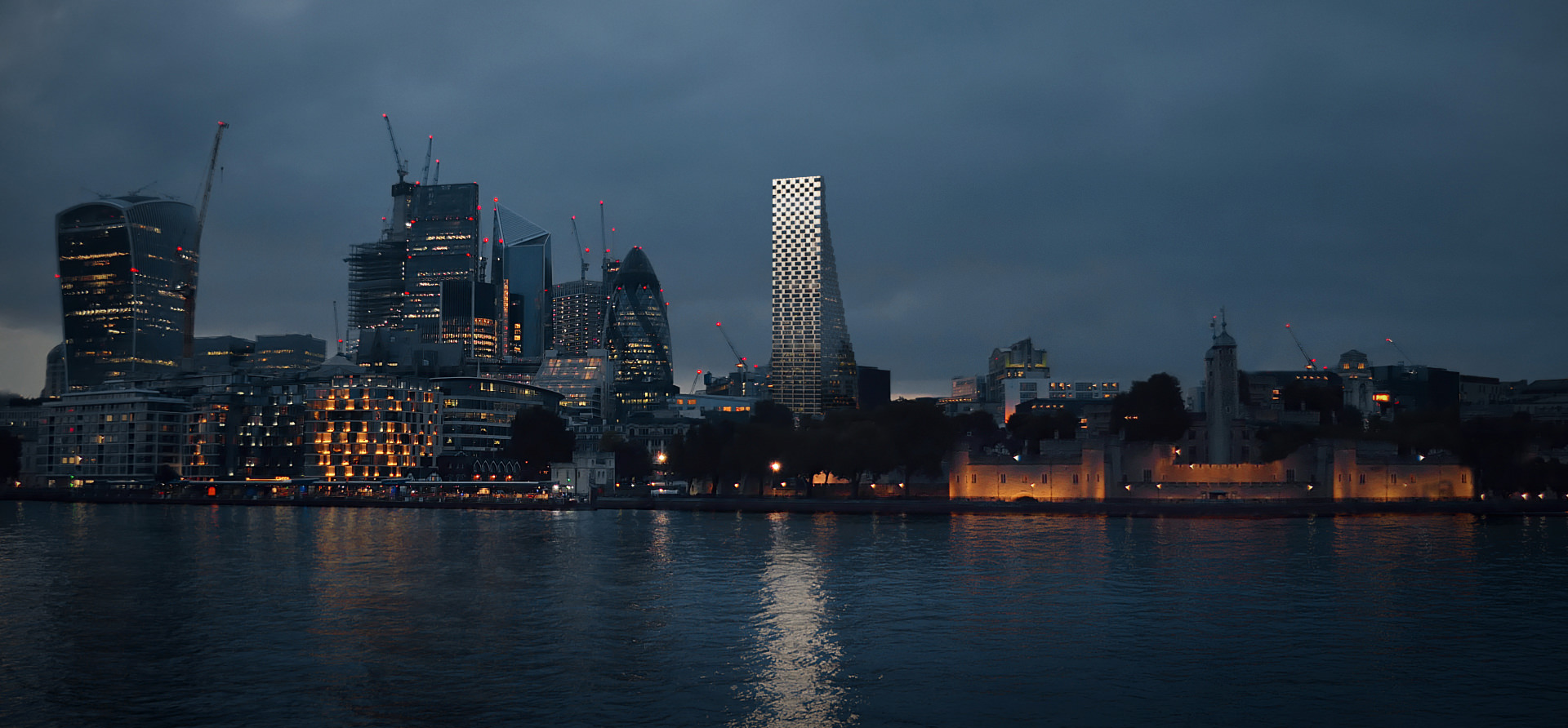 Eye-level architectural 3D visualization of London futuristic skyscrapers