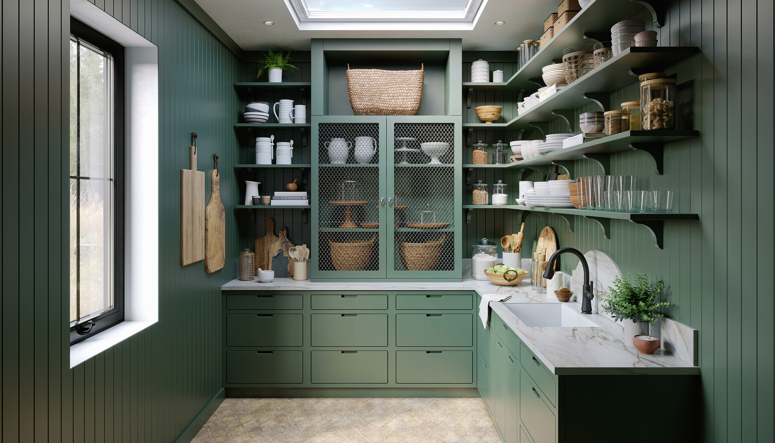 Front 3D view of a traditional kitchen with dark green millwork, black faucet and marble sink and worktop