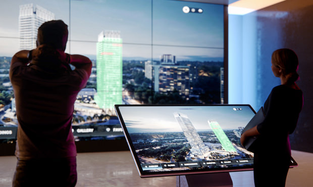 Interactive marketing and presentation software L-Touch running on touchscreen display and video wall