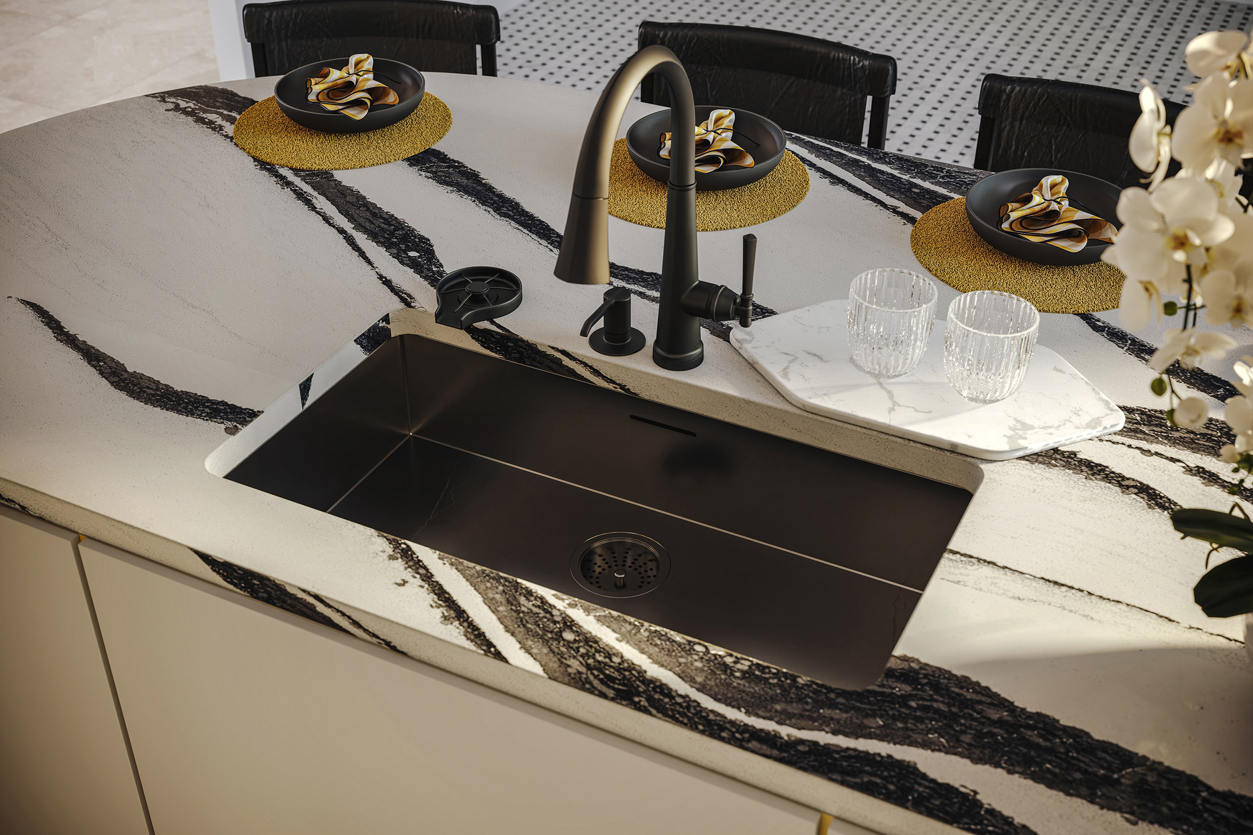 Top 3D view of a built-in sink with Delta black faucet, soap dispenser and glass washук