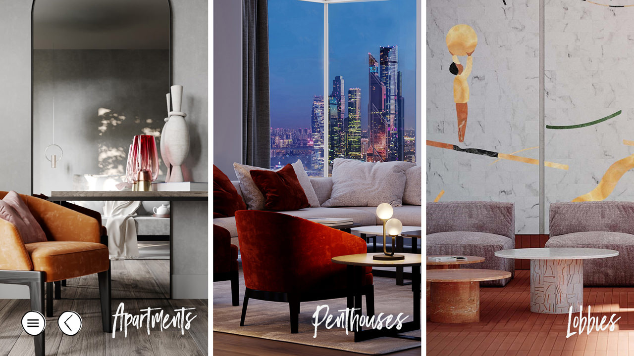 Marketing materials (3D exterior and interior renderings, 360 immersive panoramas and VR tours) compiled in the L-Touch Interactive 3D presentation for property sales and rent Gallery subdivision