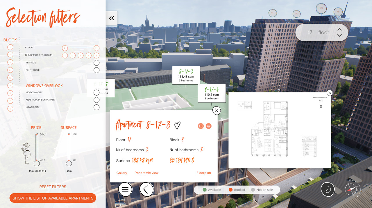 Interactive 3D presentation for real estate L-Touch with powerful search filters and ground info on each apartment