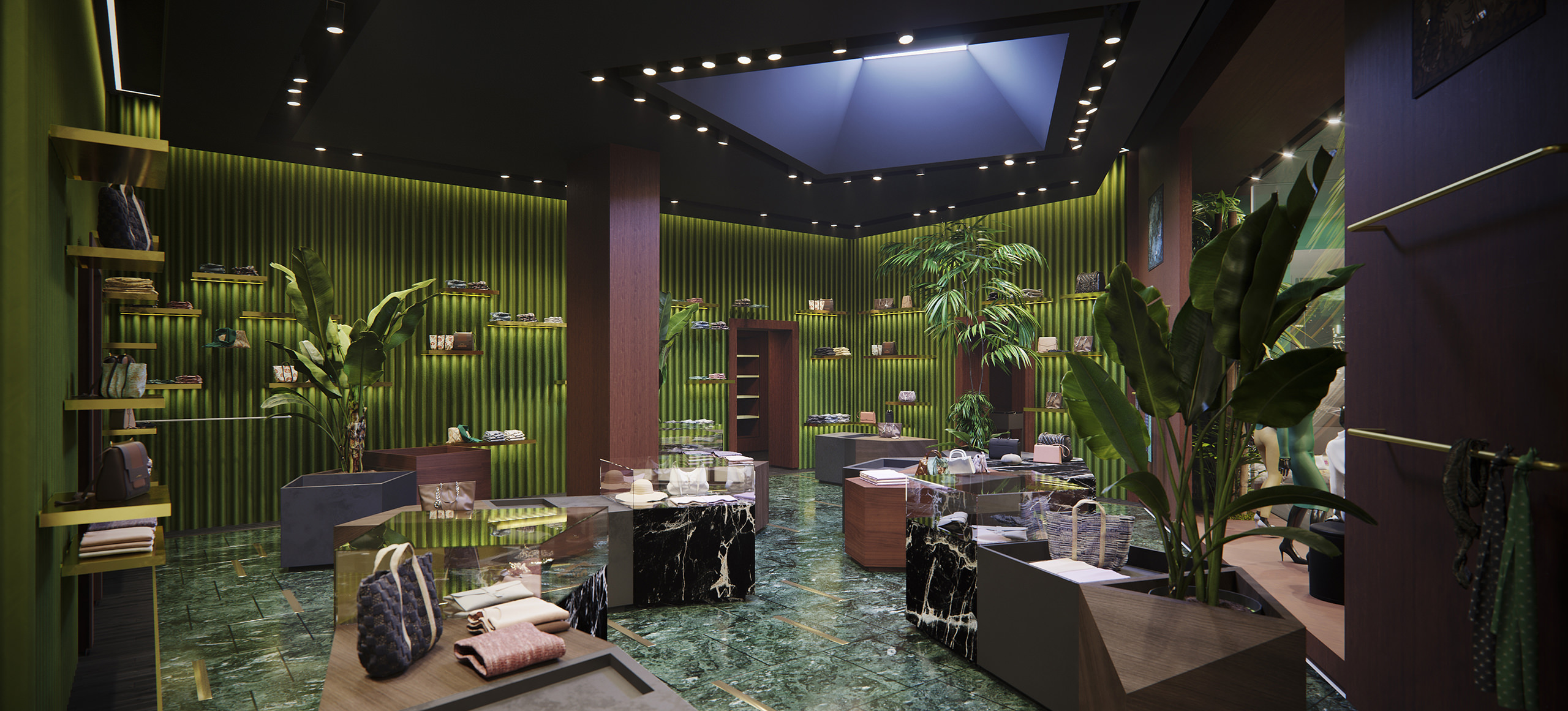 Interior 3D showroom rendering in Thailand with a garden-like vibe
