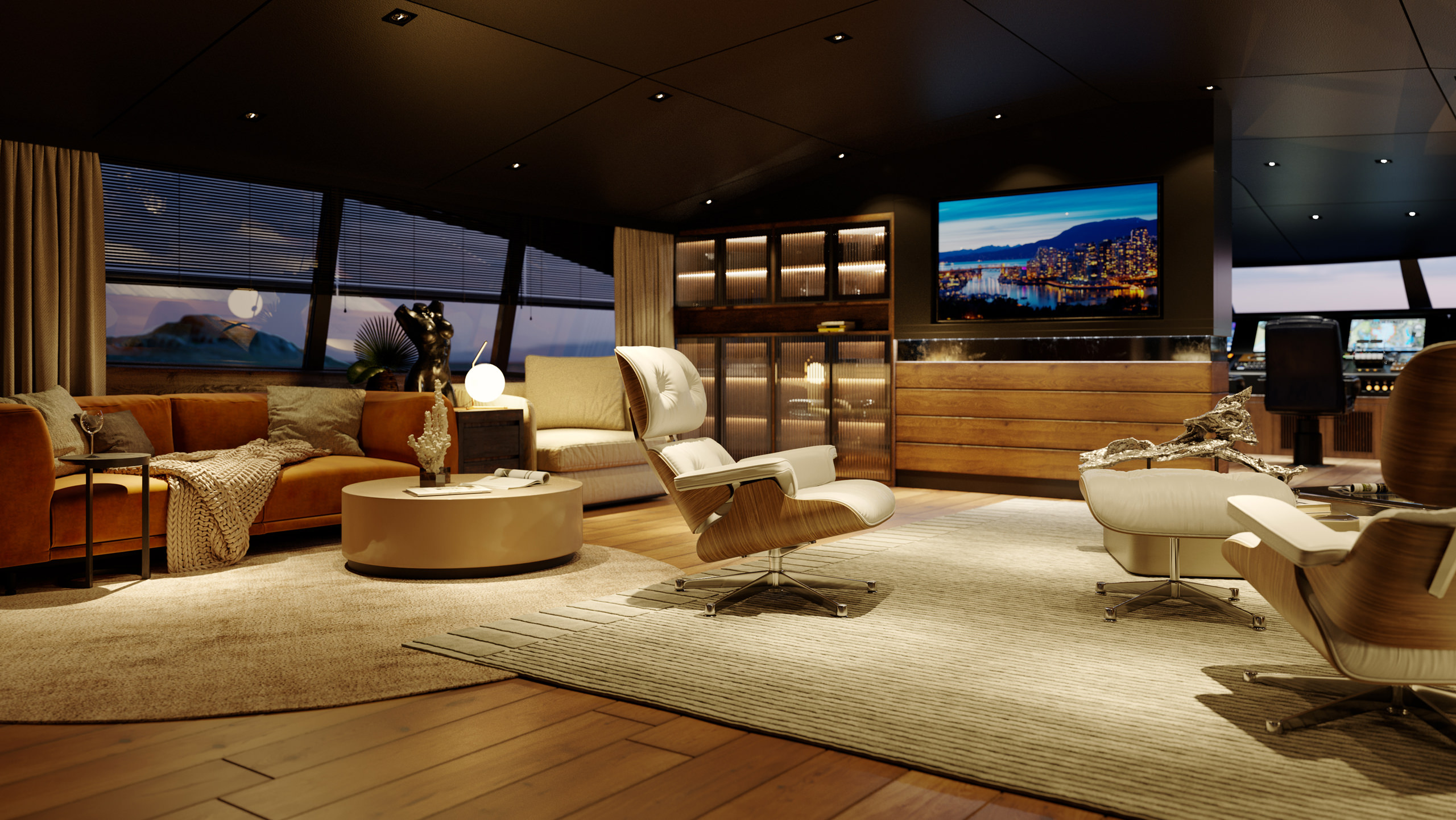 3D Visialization of a yacht interior lounge zone