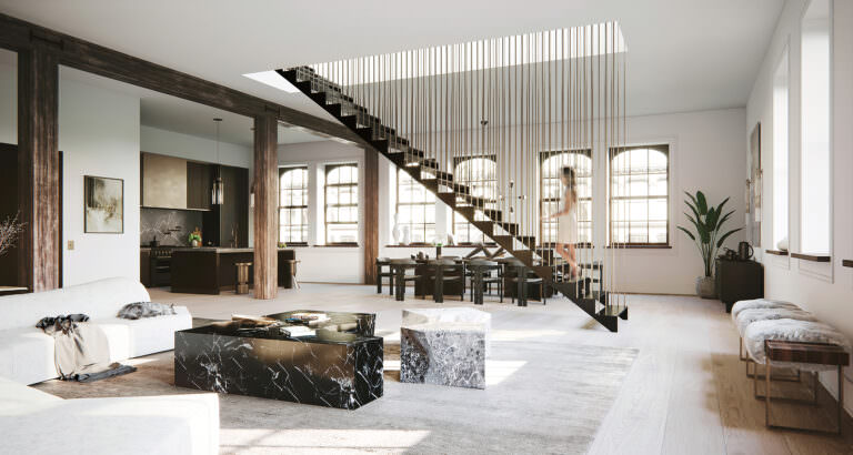 Airy 3D interior visualization of a New York loft with suspended stairs and marble details