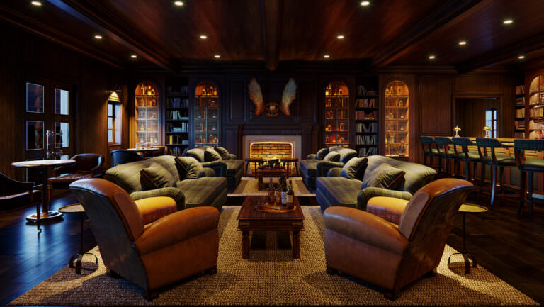 Hi-end 3D visualization of a countryclub lounge zone with leather furniture and hunting tropheys