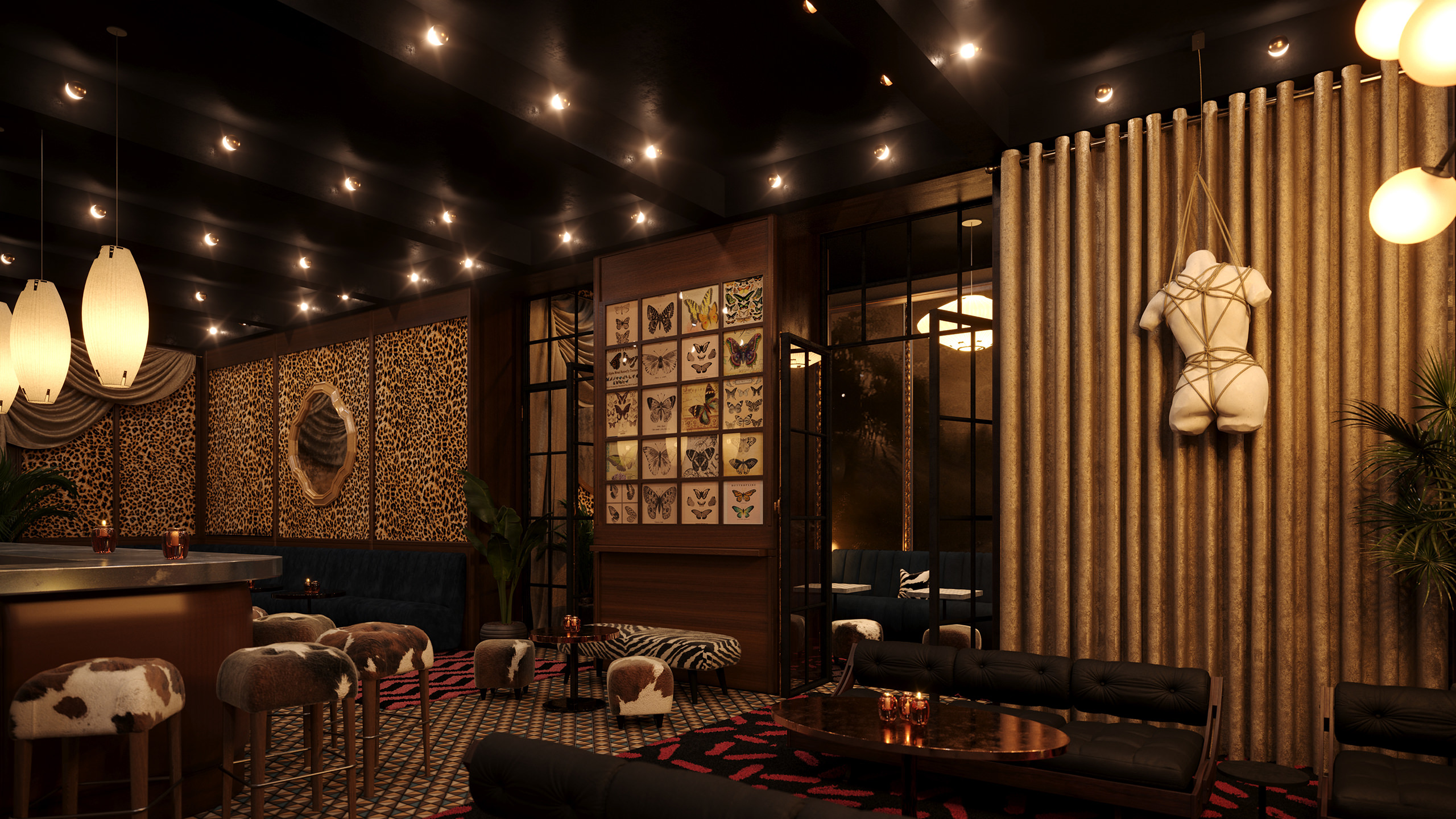 High-quality 3D interior render of a restaurant with kitsch details such as bondaged manequin, leopard finishes and cowskin banqyettes