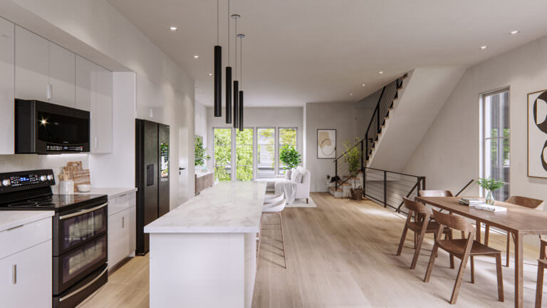 Interior 3D kitchen visualization in black and white color palette overlooking the bartop, dining table, cooking isle and living room