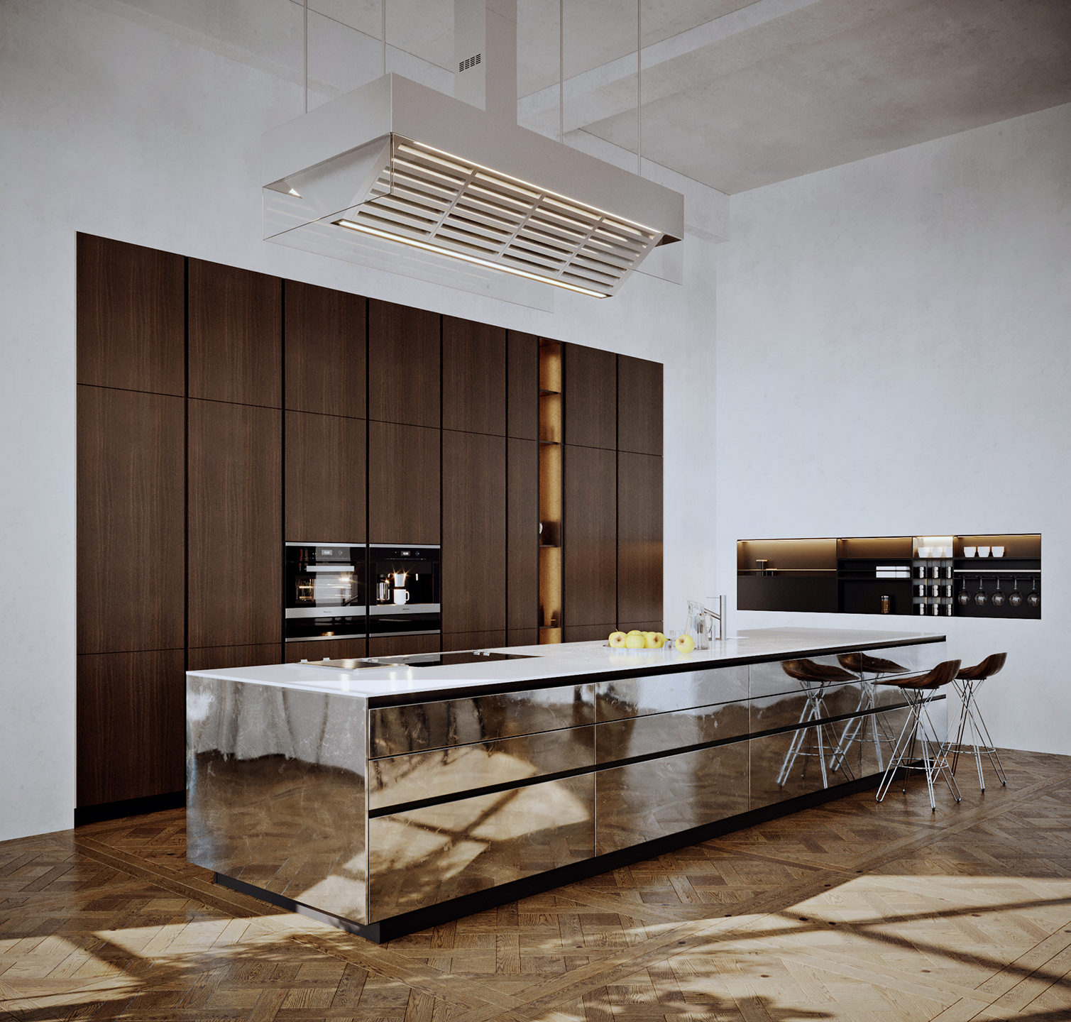 Interior 3D kitchen render with a glossy metal barstand in the cemtre and modern inset appliances