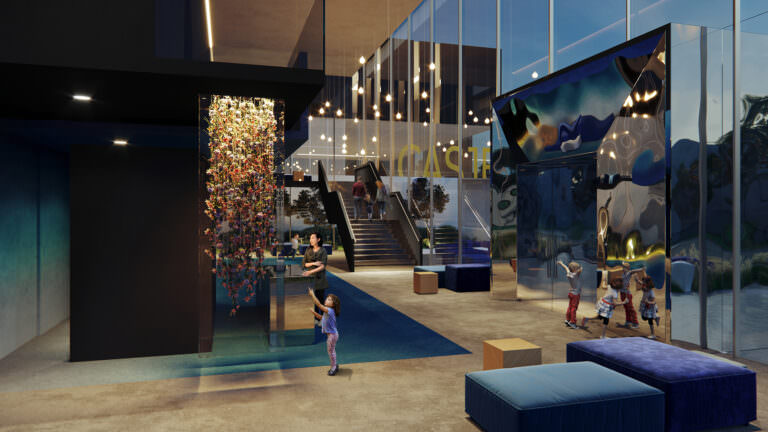3D Interior Visualization of a hi-tech lobby with children on the foreground and flower curtain