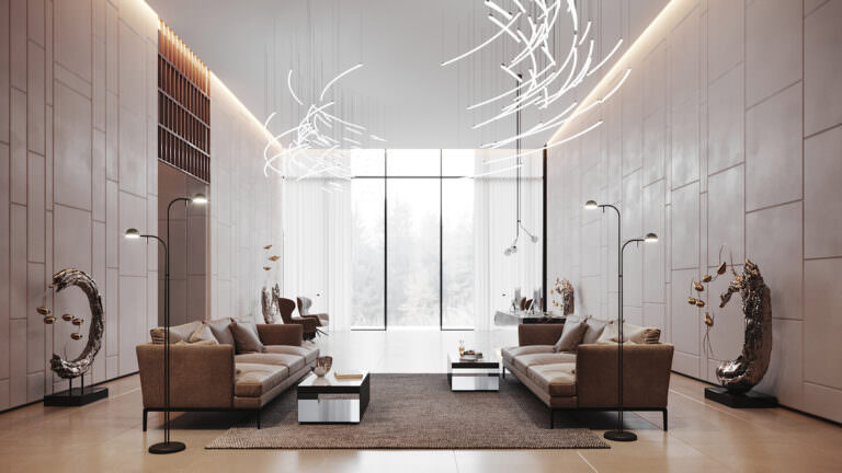 Photorealistic interior 3D lobby render filled with designer lighting pieces and modern sculptures