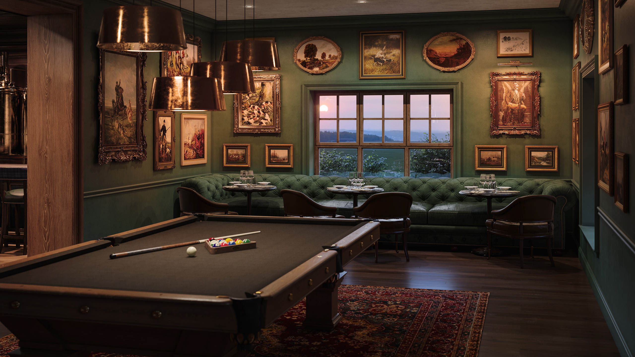 3D interior rendering of a classical chillout zone with a billiards table and a massive sofa with seating arrangements