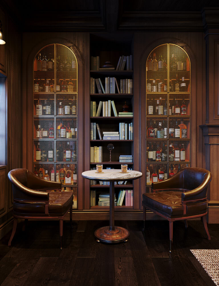 Library 3D interior render with two leather chairs and whisky served on the table