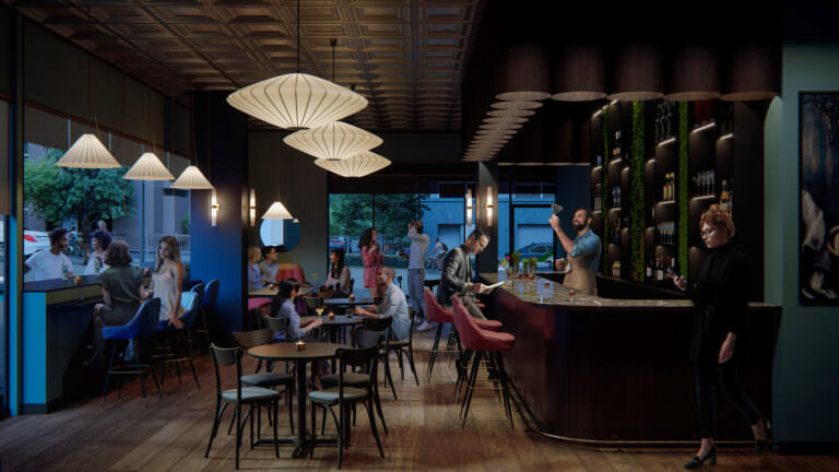 Lively bar 3D interior render with an barstand shared between the outside and inside