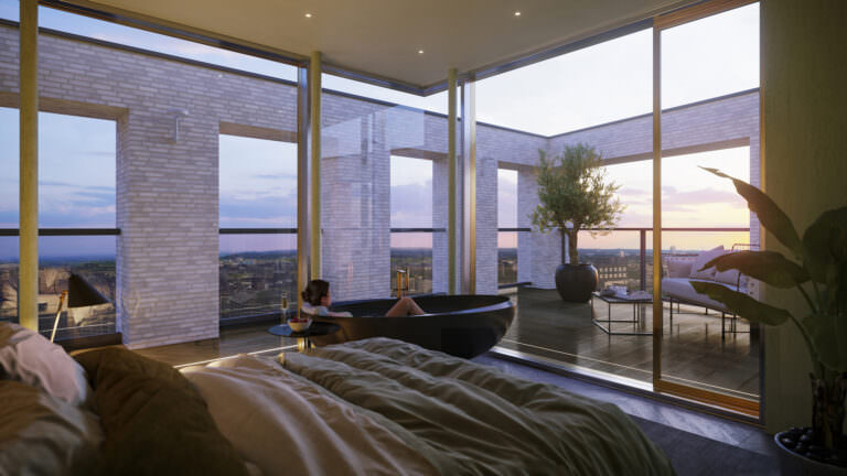 Luxurious 3D interior rendering of a penthouse on the top floor with floor-to-ceiling windows and a girl in a bath admiring the view