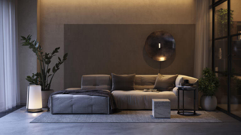 Minimalistic Interior 3D livingroom visualization with the main focus on the grey sofa in the centre