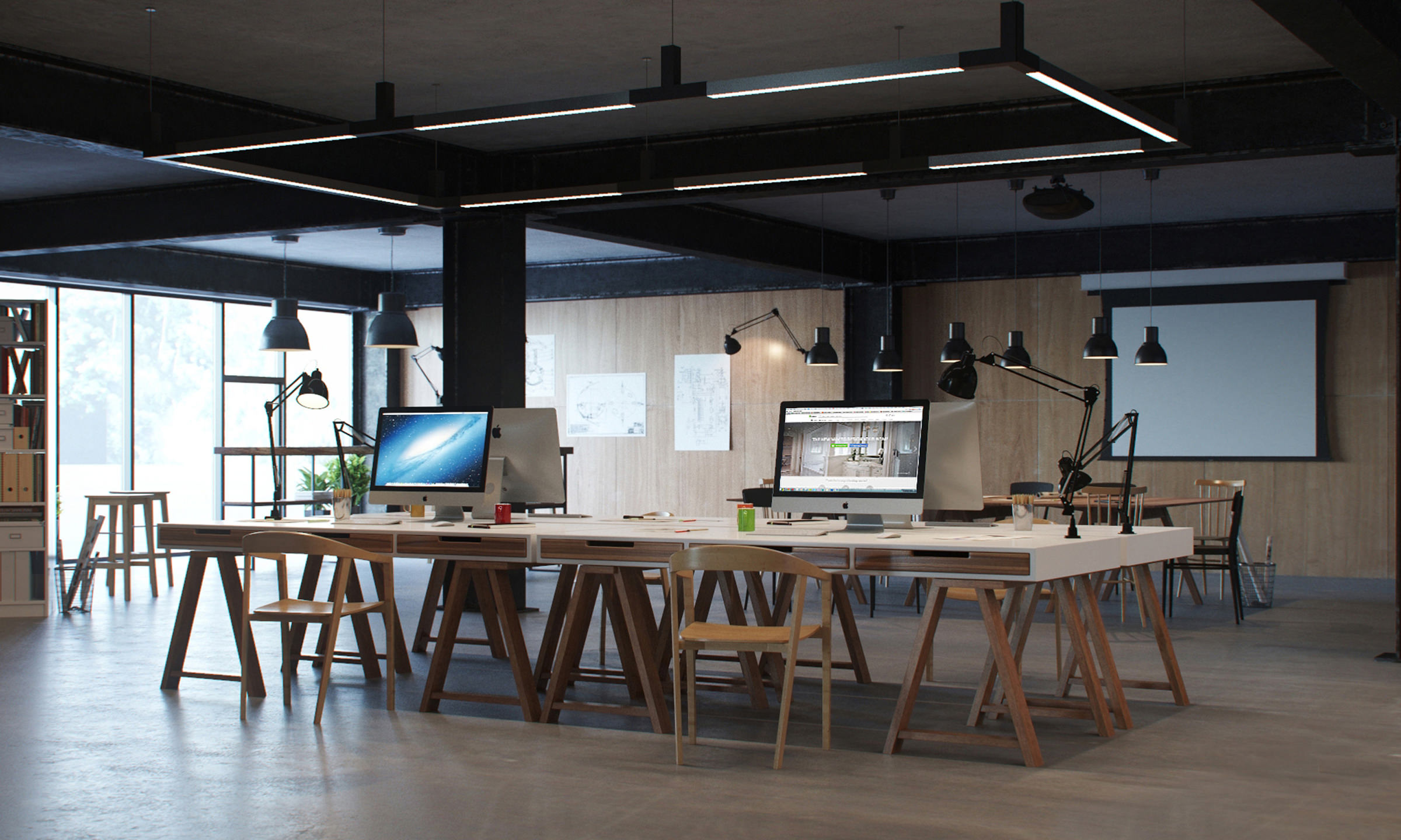 Photorealistic 3D render of a modern bright workspace with Mac computers and a coworking space