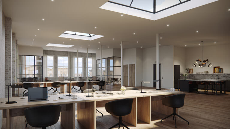 3D office visualization with openings in the ceiling and a view over the kitchen isle
