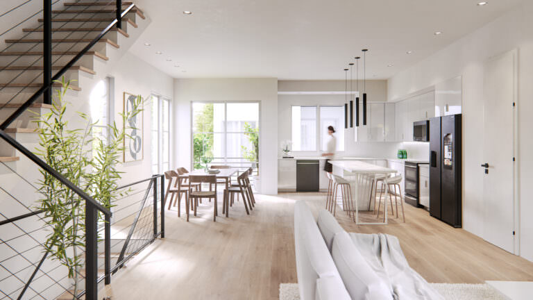 Photorealistic 3D interior kitchen rendering in light colors with a staircase in the foreground and cooking area in the background