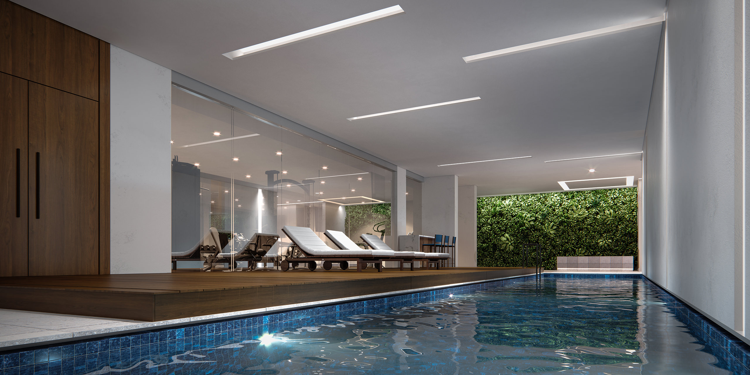 Interior pool 3D render with sunbeds and greenwall