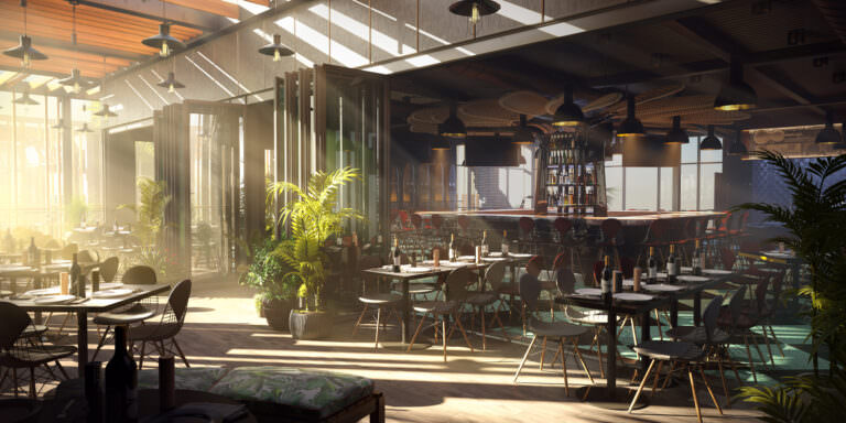 interior visualization of a Thai-styled restaurant with lots of natural light